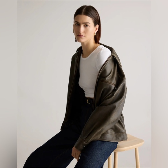 NWT Quince Women 100% Leather Oversized Bomber Jacket Distressed Brown Medium - Picture 6 of 8